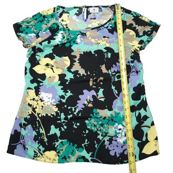 Worthington Top Womens Petite PM Green Floral Short Sleeve Keyhole 36 in Chest - Picture 4 of 13